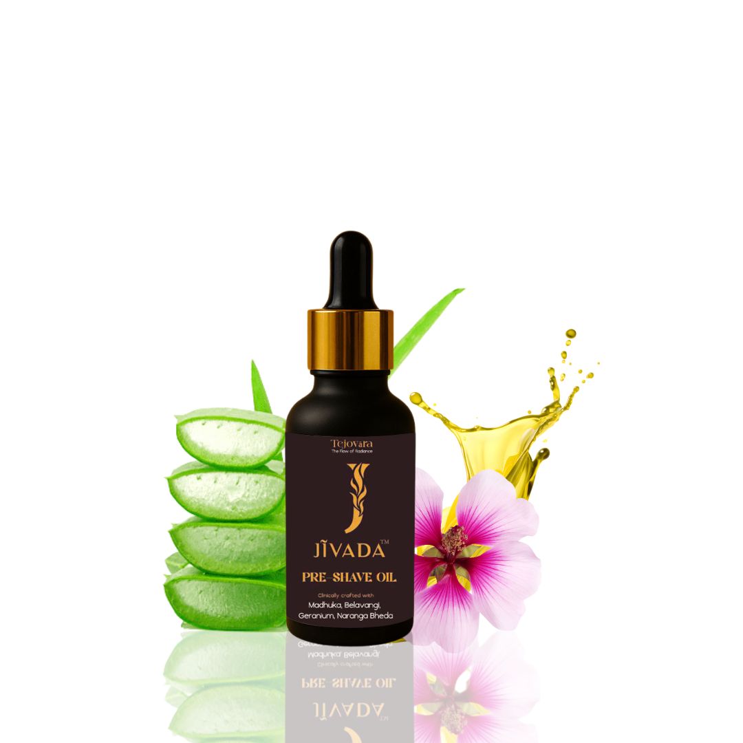 Jivada Ayurvedic Pre-Shave Oil with neurocosmatics formula having Castor Seed, Almond, Palmo Rosa, Aloe Vera for Men's Skincare, Moisturizing and Protective & for a smooth Shaving experience (30 ml)